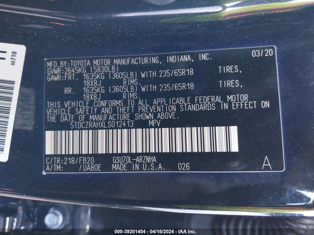 Toyota Highlander L 2020 5TDCZRAHXLS012413 Image 9