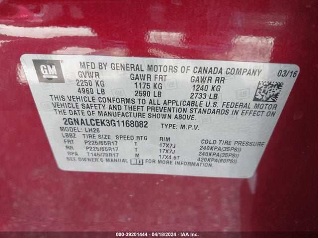 Chevrolet EQUINOX LT 2016 2GNALCEK3G1168082 Image 9