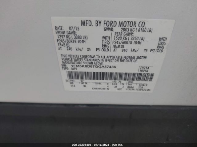 1FM5K8D87GGA57436 Ford EXPLORER XLT