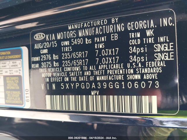 Aukcja sprzedaży 2016 Kia Sorento 2.4l Lx, vin: 5XYPGDA39GG106073, numer aukcji: 39201666