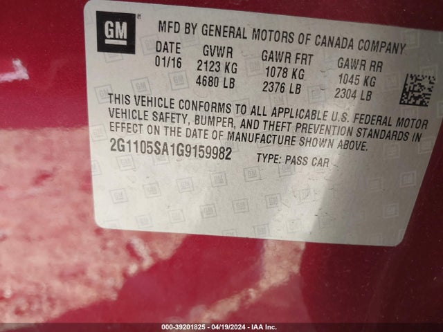 Chevrolet IMPALA 1LT 2016 2G1105SA1G9159982 Image 9