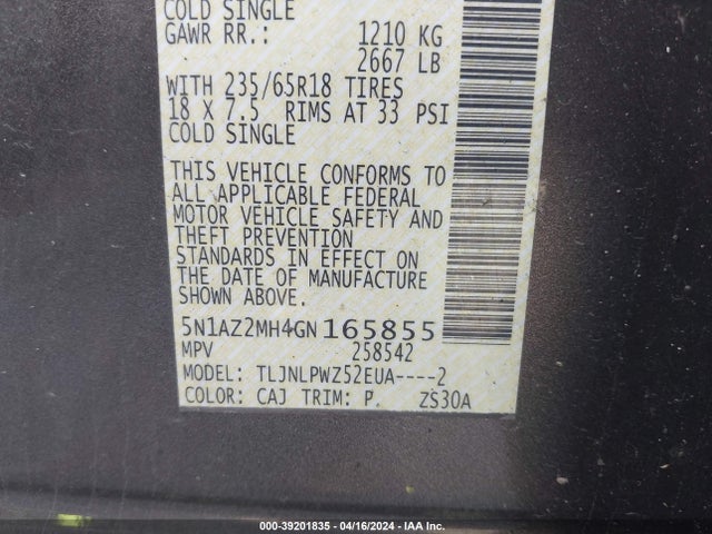 Nissan MURANO S 2016 5N1AZ2MH4GN165855 Image 9