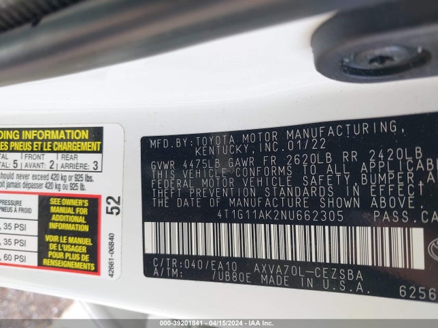 Toyota CAMRY SE 2022 4T1G11AK2NU662305 Image 9