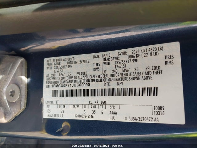 Ford ESCAPE S 2018 1FMCU0F71JUC00090 Image 9