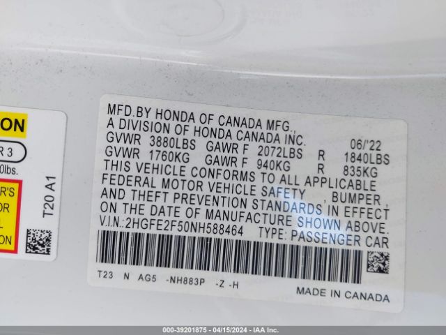 2HGFE2F50NH588464 Honda Civic Sport