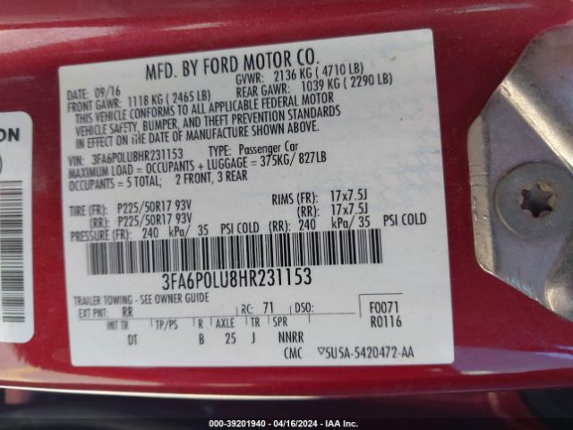 3FA6P0LU8HR231153 Ford Fusion Hybrid Se