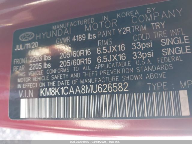 KM8K1CAA8MU626582 Hyundai Kona Se