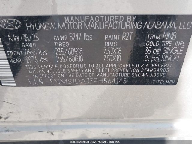 5NMS1DAJ7PH564145 Hyundai Santa Fe Se