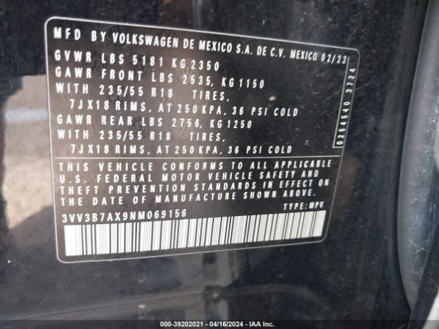 3VV3B7AX9NM069156 Volkswagen Tiguan 2.0t Se