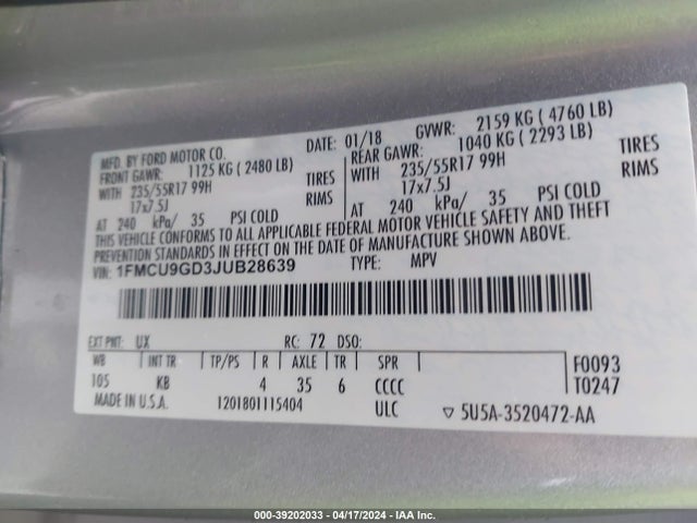 Ford ESCAPE SE 2018 1FMCU9GD3JUB28639 Image 9