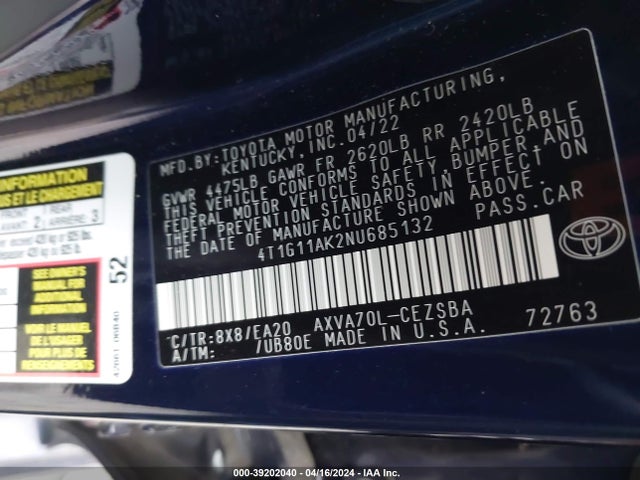 Toyota CAMRY SE 2022 4T1G11AK2NU685132 Image 9