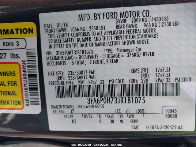 Ford FUSION SE 2018 3FA6P0H73JR181075 Image 9