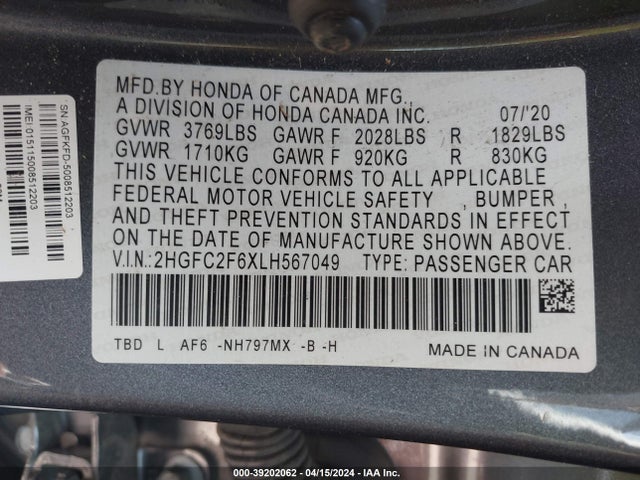 Honda Civic Lx 2020 2HGFC2F6XLH567049 Image 9