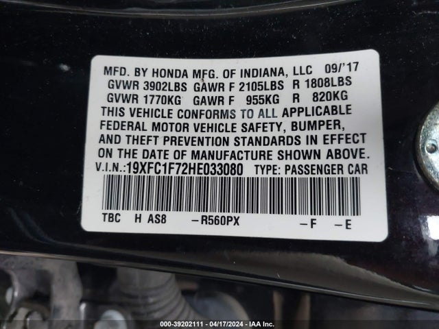 Honda Civic Ex-l 2017 19XFC1F72HE033080 Image 9
