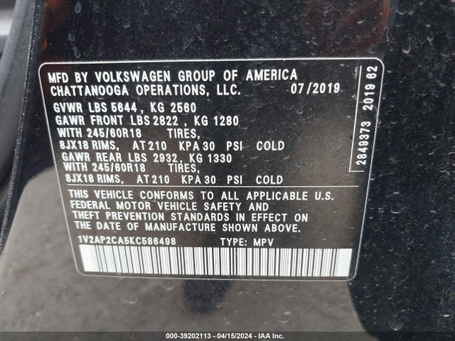 1V2AP2CA5KC586498 Volkswagen Atlas 2.0t S
