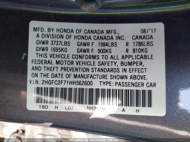 Honda CIVIC EX 2017 2HGFC2F71HH562600 Image 9