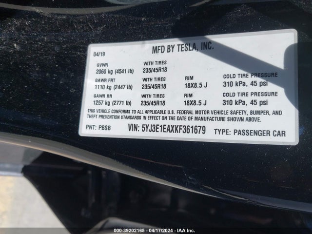Tesla Model 3 Long Range/mid Range/standard Range/standard Range Plus 2019 5YJ3E1EAXKF361679 Image 9
