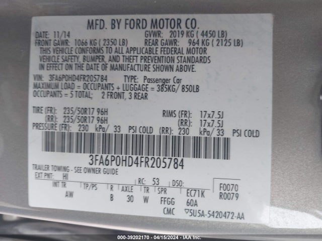 Ford FUSION SE 2015 3FA6P0HD4FR205784 Image 9
