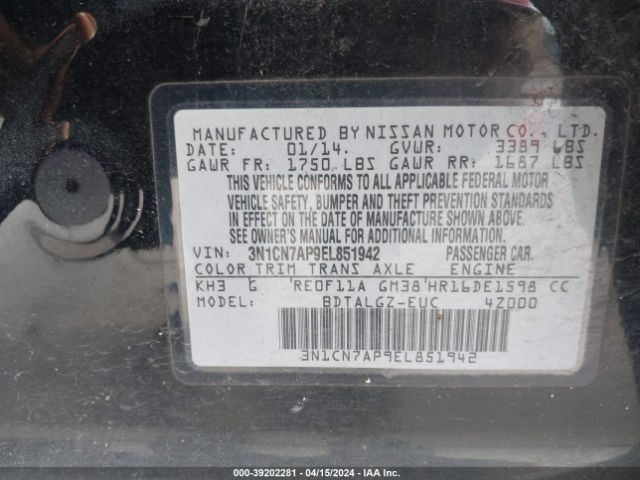 3N1CN7AP9EL851942 Nissan Versa 1.6 Sl