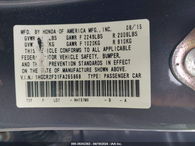 Honda ACCORD LX 2015 1HGCR2F31FA265868 Image 9