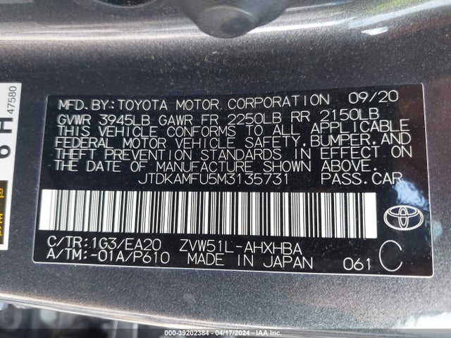 Toyota PRIUS XLE 2021 JTDKAMFU5M3135731 Image 9