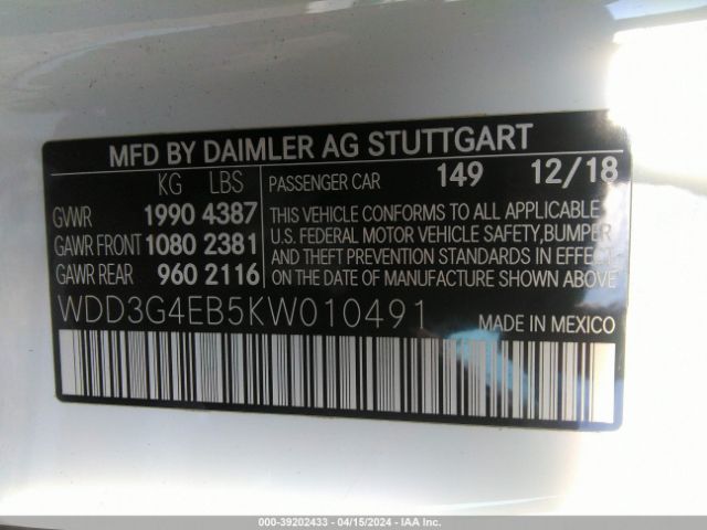 WDD3G4EB5KW010491 Mercedes-Benz A 220