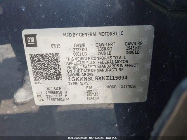 1GKKNSLSXKZ115694 GMC Acadia Sle-2