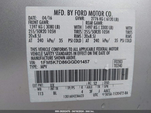 Ford EXPLORER XLT 2016 1FM5K7D86GGD01457 Image 9