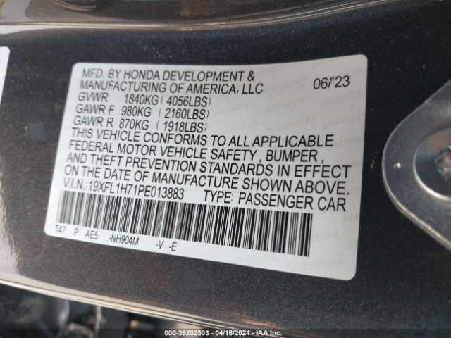 19XFL1H71PE013883 Honda Civic Ex-l /ex-l W/o Bsi