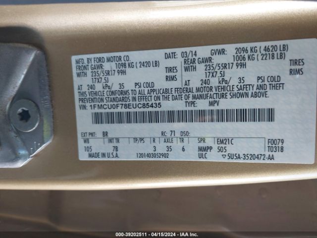 1FMCU0F78EUC85435 Ford ESCAPE S