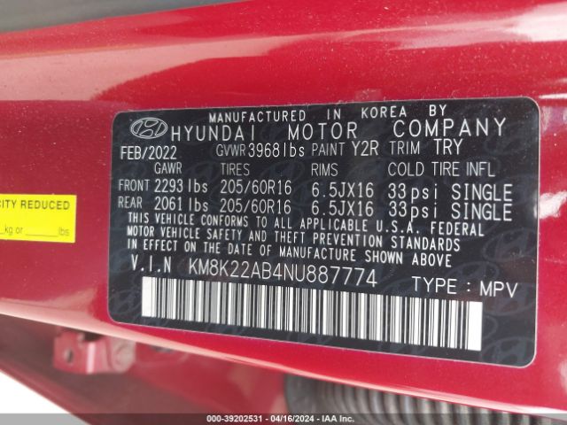KM8K22AB4NU887774 Hyundai Kona Se