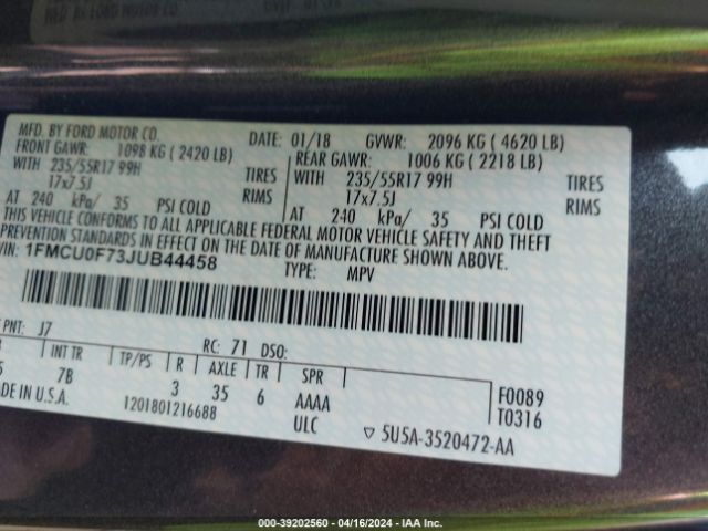 1FMCU0F73JUB44458 Ford ESCAPE S