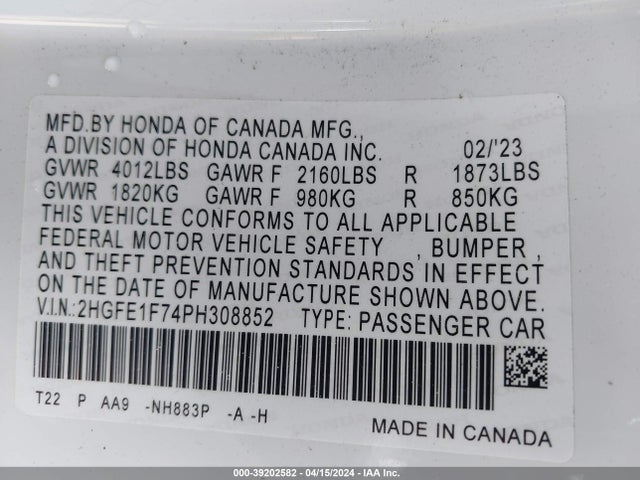 Honda Civic Ex /ex W/o Bsi 2023 2HGFE1F74PH308852 Image 9