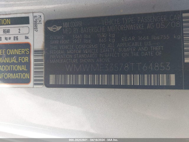 2008 MINI COOPER WMWMF33578TT64853 Photo 8