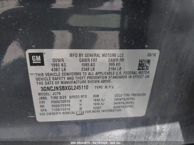 Chevrolet Trax 1ls 2016 3GNCJNSBXGL245110 Image 9