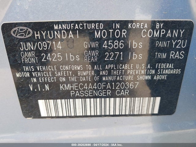 Hyundai SONATA HYBRID 2015 KMHEC4A40FA120367 Image 9