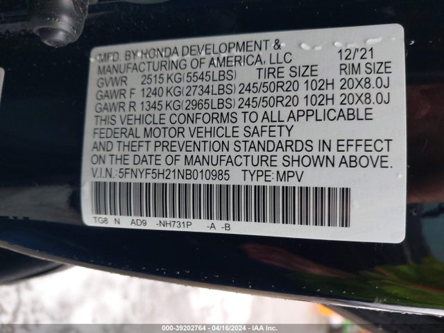 Honda Pilot 2wd Special Edition 2022 5FNYF5H21NB010985 Image 9