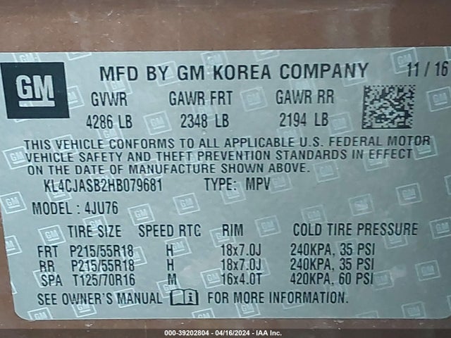 KL4CJASB2HB079681 Buick Encore Preferred