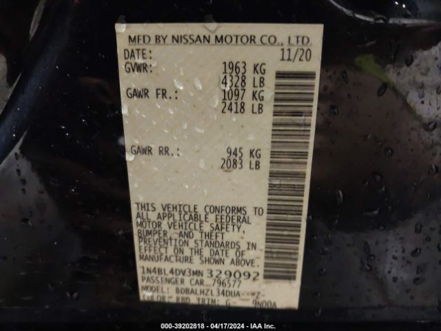 1N4BL4DV3MN329092 Nissan Altima Sv Fwd