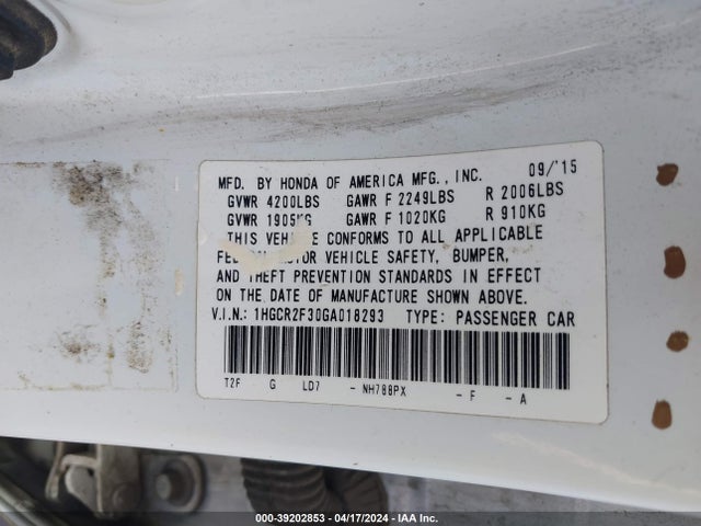 Honda ACCORD LX 2016 1HGCR2F30GA018293 Image 9