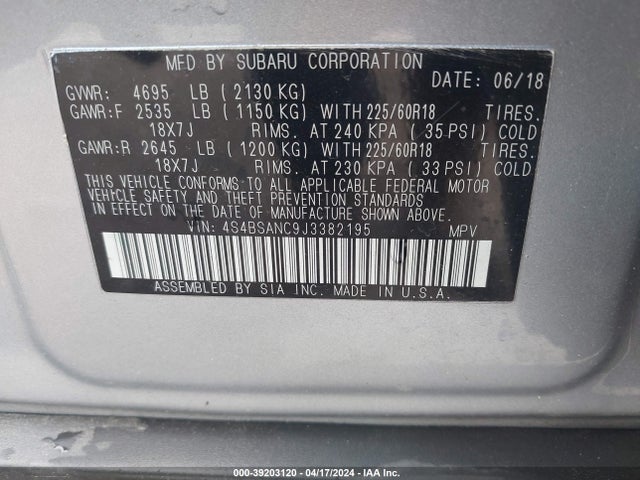 Subaru Outback 2.5i Limited 2018 4S4BSANC9J3382195 Image 9