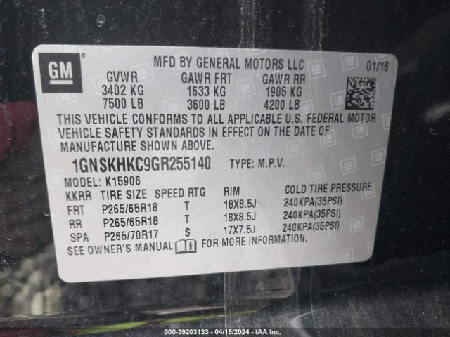 1GNSKHKC9GR255140 Chevrolet Suburban Lt