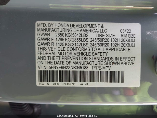 Honda Pilot Awd Special Edition 2022 5FNYF6H2XNB045188 Image 9