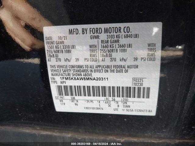 1FM5K8AW8MNA20311 Ford Police Interceptor Utility
