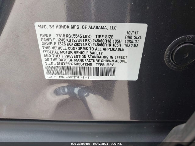 Honda Pilot Ex-l 2017 5FNYF5H75HB041348 Image 9