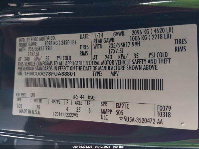 Ford ESCAPE SE 2015 1FMCU0G78FUA88801 Image 9