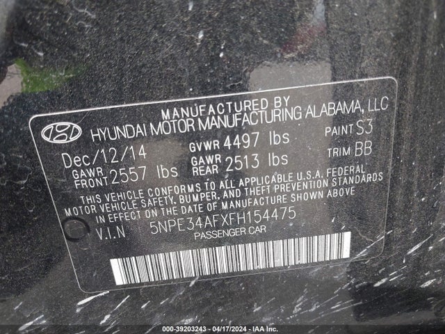 Hyundai Sonata Limited 2015 5NPE34AFXFH154475 Image 9