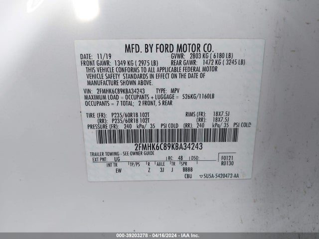 Ford FLEX SEL 2019 2FMHK6C89KBA34243 Image 9