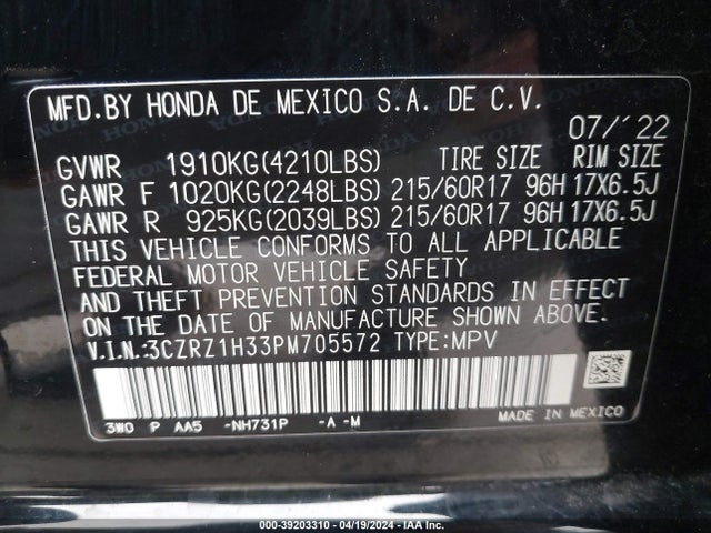 Honda Hr-v 2wd Lx 2023 3CZRZ1H33PM705572 Image 9
