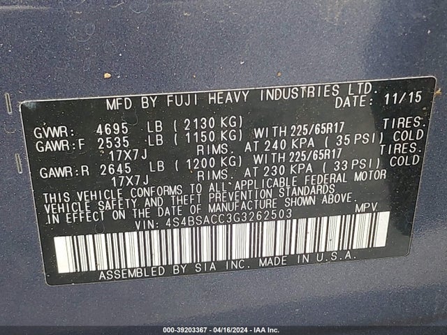 Subaru Outback 2.5i Premium 2016 4S4BSACC3G3262503 Image 9